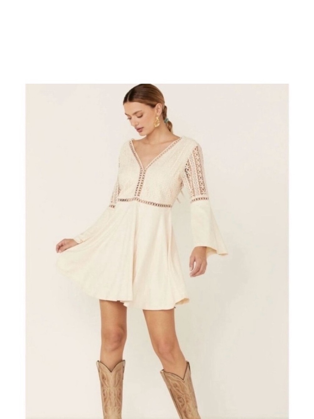 Cream Lace-Panel V-Neck Mini Dress
